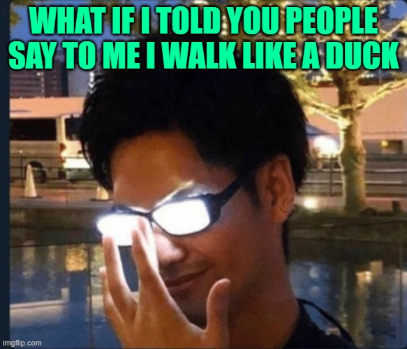 Anime glasses | WHAT IF I TOLD YOU PEOPLE SAY TO ME I WALK LIKE A DUCK | image tagged in anime glasses | made w/ Imgflip meme maker