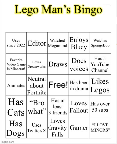 Lego Man’s Bingo | image tagged in lego man s bingo | made w/ Imgflip meme maker