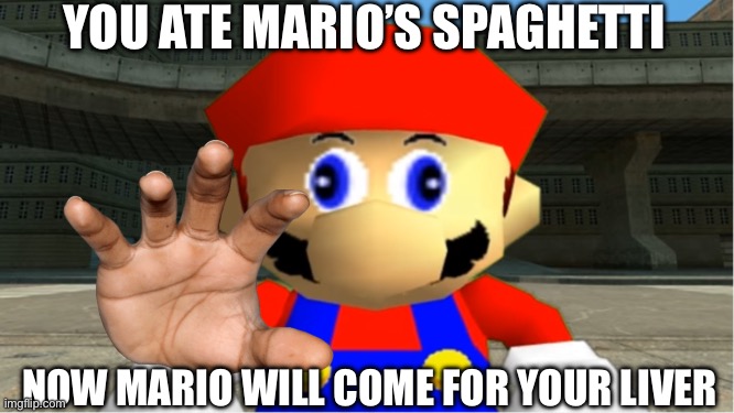 Don’t eat Mario’s spaghetti | YOU ATE MARIO’S SPAGHETTI; NOW MARIO WILL COME FOR YOUR LIVER | image tagged in smg4 mario derp reaction | made w/ Imgflip meme maker