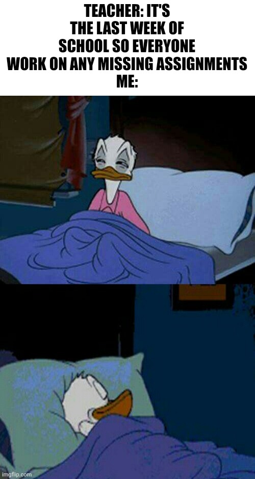 Like I'll do it | TEACHER: IT'S THE LAST WEEK OF SCHOOL SO EVERYONE WORK ON ANY MISSING ASSIGNMENTS
ME: | image tagged in sleepy donald duck in bed,memes,funny,school,relatable | made w/ Imgflip meme maker