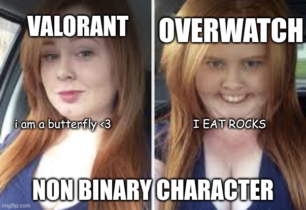 Pretty vs Ugly Girl Template by MemerGirl2020 | OVERWATCH; VALORANT; I EAT ROCKS; i am a butterfly <3; NON BINARY CHARACTER | image tagged in pretty vs ugly girl template by memergirl2020 | made w/ Imgflip meme maker