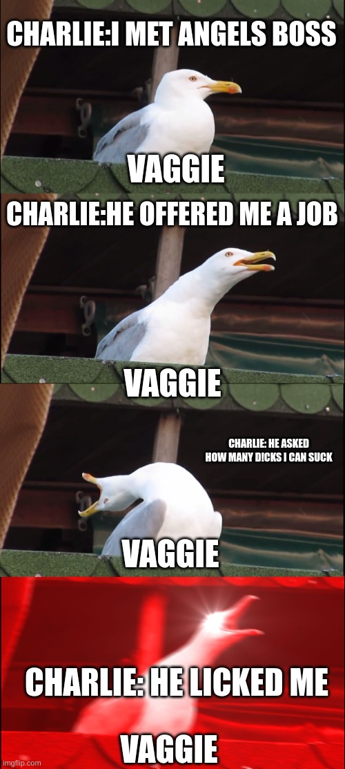 Inhaling Seagull Meme | CHARLIE:I MET ANGELS BOSS; VAGGIE; CHARLIE:HE OFFERED ME A JOB; VAGGIE; CHARLIE: HE ASKED HOW MANY D!CKS I CAN SUCK; VAGGIE; CHARLIE: HE LICKED ME; VAGGIE | image tagged in memes,inhaling seagull | made w/ Imgflip meme maker