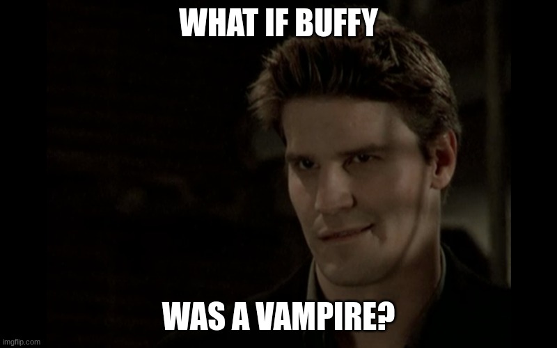 angel | WHAT IF BUFFY; WAS A VAMPIRE? | image tagged in angel | made w/ Imgflip meme maker