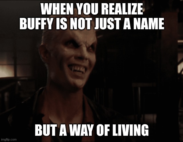 spike | WHEN YOU REALIZE BUFFY IS NOT JUST A NAME; BUT A WAY OF LIVING | image tagged in spike | made w/ Imgflip meme maker