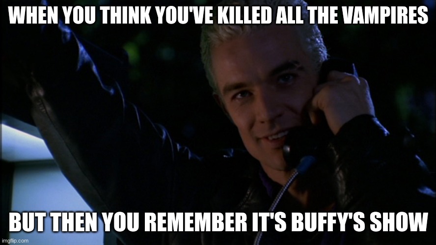 spike | WHEN YOU THINK YOU'VE KILLED ALL THE VAMPIRES; BUT THEN YOU REMEMBER IT'S BUFFY'S SHOW | image tagged in spike | made w/ Imgflip meme maker