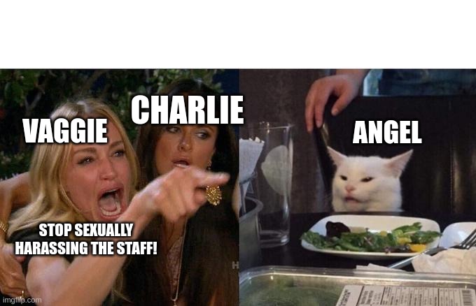 Woman Yelling At Cat Meme | CHARLIE; VAGGIE; ANGEL; STOP SEXUALLY HARASSING THE STAFF! | image tagged in memes,woman yelling at cat | made w/ Imgflip meme maker