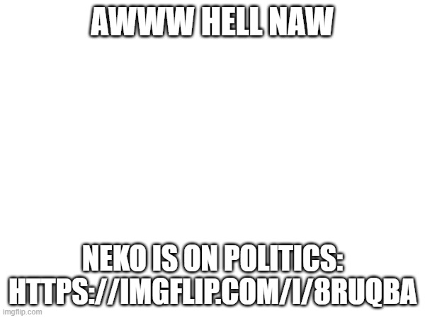 HELL NAW | AWWW HELL NAW; NEKO IS ON POLITICS: HTTPS://IMGFLIP.COM/I/8RUQBA | made w/ Imgflip meme maker