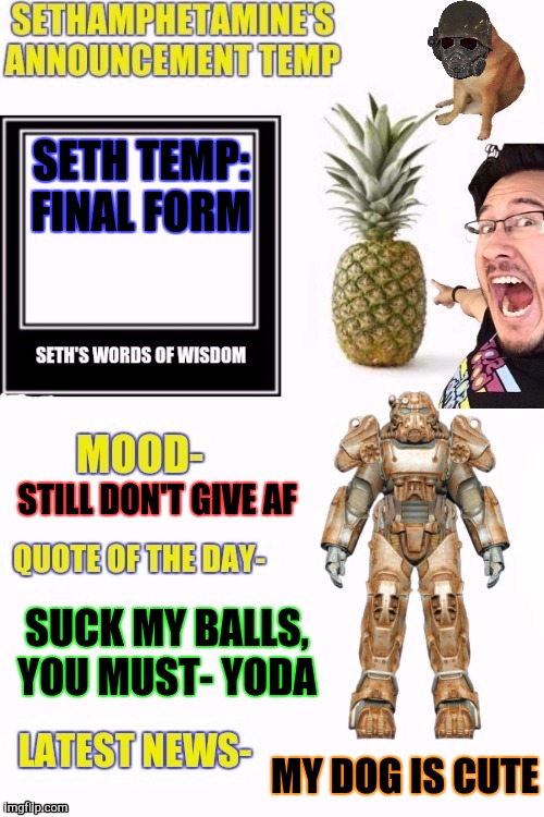 Seth temp | SETH TEMP: FINAL FORM; STILL DON'T GIVE AF; SUCK MY BALLS, YOU MUST- YODA; MY DOG IS CUTE | image tagged in seth temp | made w/ Imgflip meme maker