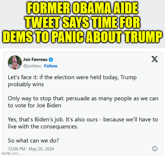 Time for dems to Panic!! | FORMER OBAMA AIDE TWEET SAYS TIME FOR DEMS TO PANIC ABOUT TRUMP | image tagged in dems,panic time,trump is winning,biden sucks | made w/ Imgflip meme maker