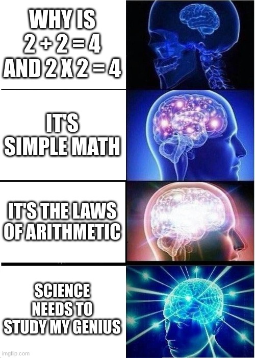 Expanding Brain Meme | WHY IS 2 + 2 = 4 AND 2 X 2 = 4 IT'S SIMPLE MATH IT'S THE LAWS OF ARITHMETIC SCIENCE NEEDS TO STUDY MY GENIUS | image tagged in memes,expanding brain | made w/ Imgflip meme maker