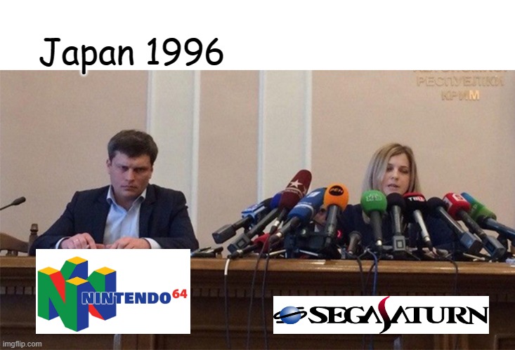 How the Saturn outsold the N64 in Japan | Japan 1996 | image tagged in man and woman microphone,sega saturn,sega,n64,nintendo,1990's | made w/ Imgflip meme maker