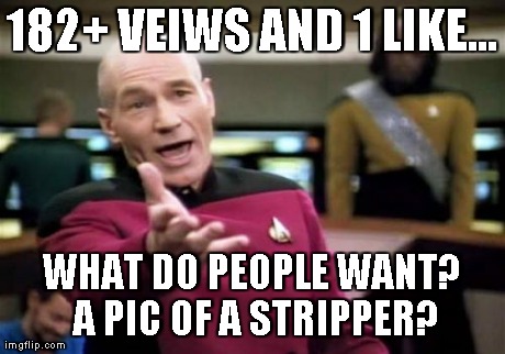 Picard Wtf Meme | 182+ VEIWS AND 1 LIKE... WHAT DO PEOPLE WANT? A PIC OF A STRIPPER? | image tagged in memes,picard wtf | made w/ Imgflip meme maker