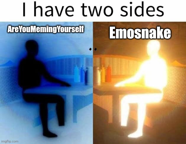 I have two sides | AreYouMemingYourself; Emosnake | image tagged in i have two sides | made w/ Imgflip meme maker