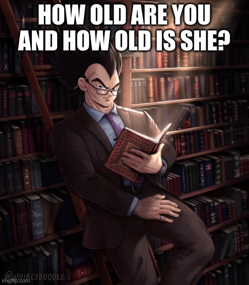 Librarian Vegeta | HOW OLD ARE YOU AND HOW OLD IS SHE? | image tagged in librarian vegeta | made w/ Imgflip meme maker