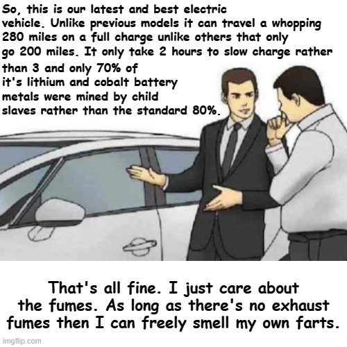 Self entitled, virtue signaling, (fake) environmentalist advocates who only care about how THEY appear to others. | So, this is our latest and best electric vehicle. Unlike previous models it can travel a whopping 280 miles on a full charge unlike others that only go 200 miles. It only take 2 hours to slow charge rather; than 3 and only 70% of it's lithium and cobalt battery metals were mined by child slaves rather than the standard 80%. That's all fine. I just care about the fumes. As long as there's no exhaust fumes then I can freely smell my own farts. | image tagged in memes,blank transparent square,green advocates,electric car,snobs,climate change | made w/ Imgflip meme maker