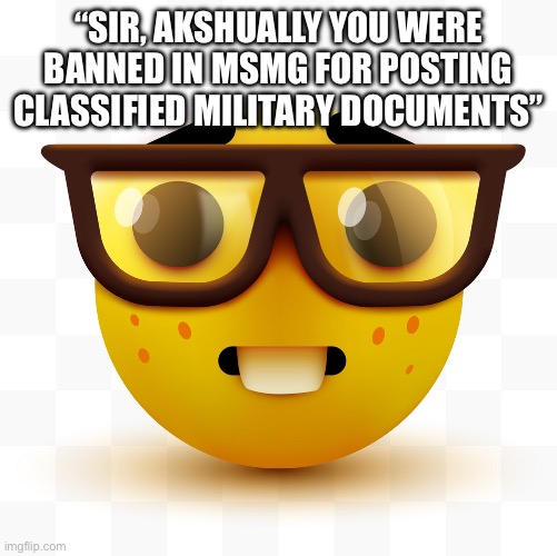 Nerd emoji | “SIR, AKSHUALLY YOU WERE BANNED IN MSMG FOR POSTING CLASSIFIED MILITARY DOCUMENTS” | image tagged in nerd emoji | made w/ Imgflip meme maker