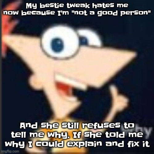 ☠️ like bro | My bestie tweak hates me now because I'm "not a good person"; And she still refuses to tell me why. If she told me why I could explain and fix it | image tagged in phineas why | made w/ Imgflip meme maker