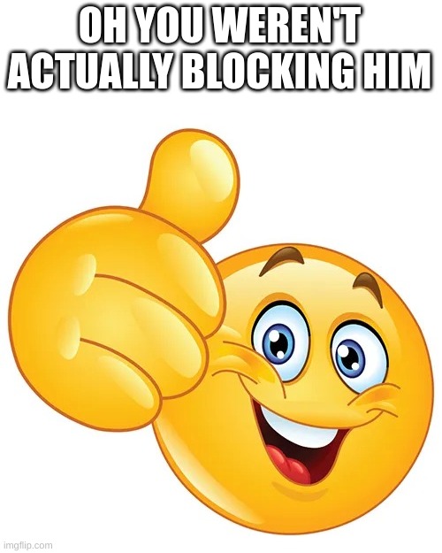 Thumbs up bitches | OH YOU WEREN'T ACTUALLY BLOCKING HIM | image tagged in thumbs up bitches | made w/ Imgflip meme maker
