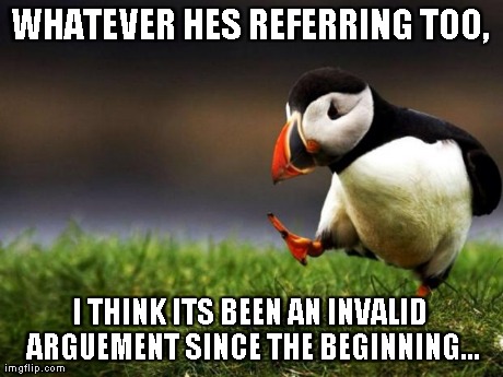 Unpopular Opinion Puffin Meme | WHATEVER HES REFERRING TOO, I THINK ITS BEEN AN INVALID ARGUEMENT SINCE THE BEGINNING... | image tagged in memes,unpopular opinion puffin | made w/ Imgflip meme maker