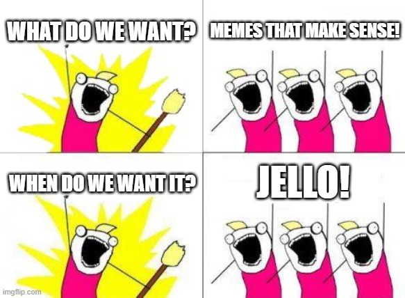 What Do We Want | WHAT DO WE WANT? MEMES THAT MAKE SENSE! JELLO! WHEN DO WE WANT IT? | image tagged in memes,what do we want | made w/ Imgflip meme maker