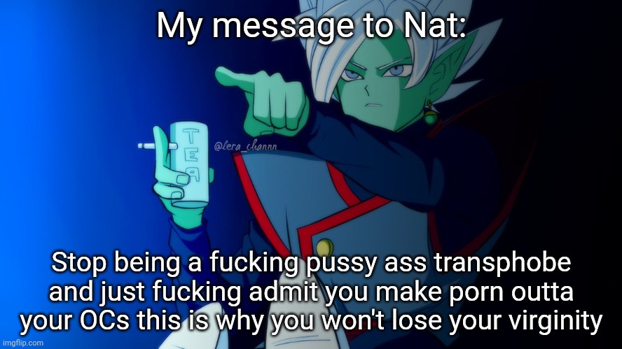 zamasu says that right there | My message to Nat:; Stop being a fucking pussy ass transphobe and just fucking admit you make porn outta your OCs this is why you won't lose your virginity | image tagged in zamasu says that right there | made w/ Imgflip meme maker