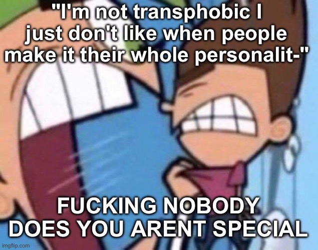 Cosmo yelling at timmy | "I'm not transphobic I just don't like when people make it their whole personalit-"; FUCKING NOBODY DOES YOU ARENT SPECIAL | image tagged in cosmo yelling at timmy | made w/ Imgflip meme maker