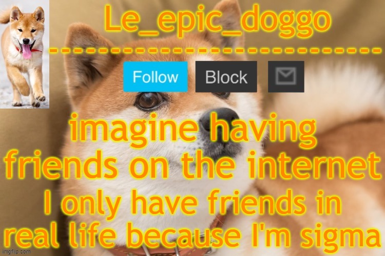 epic doggo's temp back in old fashion | imagine having friends on the internet; I only have friends in real life because I'm sigma | image tagged in epic doggo's temp back in old fashion | made w/ Imgflip meme maker