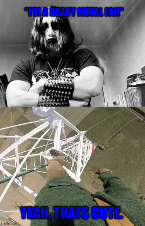 When the lattice climber want more heavy metal. | ''I'M A HEAVY METAL FAN''; YEAH, THATS CUTE. | image tagged in metal,heavy metal,lattice climbing,klettern,music,meme | made w/ Imgflip meme maker