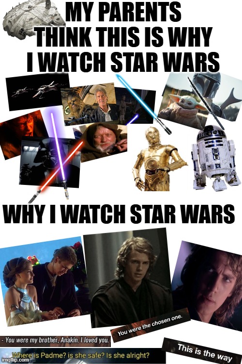 i do it for Anakin | MY PARENTS THINK THIS IS WHY I WATCH STAR WARS; WHY I WATCH STAR WARS | image tagged in i love star wars,star wars,anakin | made w/ Imgflip meme maker