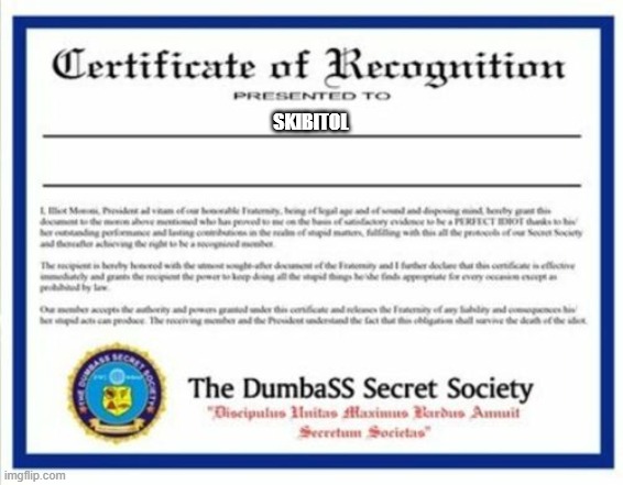 Dumbass Certificate | SKIBITOL | image tagged in dumbass certificate | made w/ Imgflip meme maker