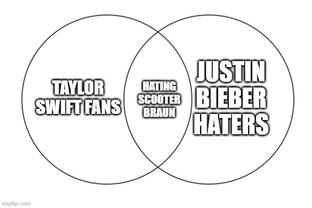 venn diagram | JUSTIN BIEBER HATERS; TAYLOR SWIFT FANS; HATING SCOOTER BRAUN | image tagged in venn diagram | made w/ Imgflip meme maker
