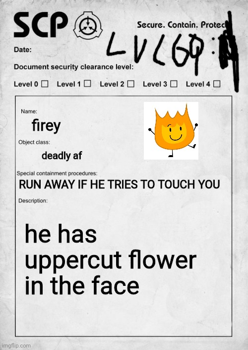 im bored | firey; deadly af; RUN AWAY IF HE TRIES TO TOUCH YOU; he has uppercut flower in the face | image tagged in scp document | made w/ Imgflip meme maker