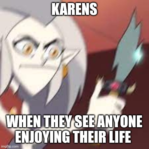 How dare you enjoy your life?!?!? | KARENS; WHEN THEY SEE ANYONE ENJOYING THEIR LIFE | image tagged in the owl house memes,karens,jpfan102504 | made w/ Imgflip meme maker
