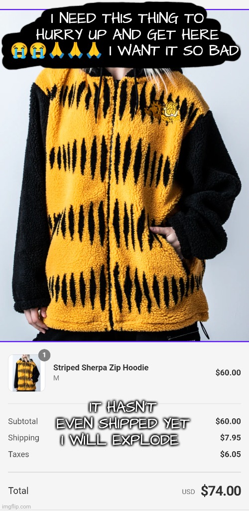 I spent 74$ I NEED IT NOW AAAAA | I NEED THIS THING TO HURRY UP AND GET HERE 😭😭🙏🙏🙏 I WANT IT SO BAD; IT HASN'T EVEN SHIPPED YET I WILL EXPLODE | made w/ Imgflip meme maker