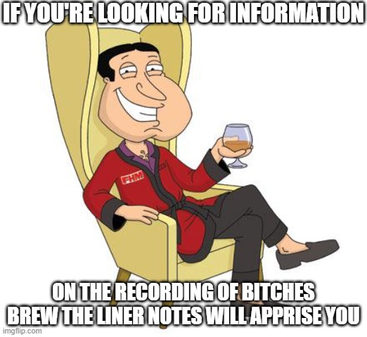 Bitches Brew by Miles Davis | IF YOU'RE LOOKING FOR INFORMATION; ON THE RECORDING OF BITCHES BREW THE LINER NOTES WILL APPRISE YOU | image tagged in quagmire,information,truth | made w/ Imgflip meme maker