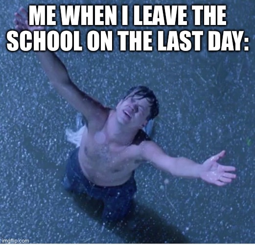 Shawshank redemption freedom | ME WHEN I LEAVE THE SCHOOL ON THE LAST DAY: | image tagged in shawshank redemption freedom | made w/ Imgflip meme maker