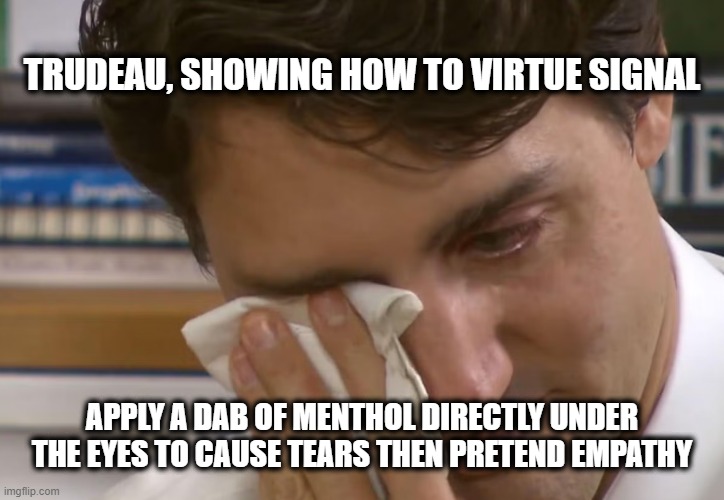 TRUDEAU, SHOWING HOW TO VIRTUE SIGNAL; APPLY A DAB OF MENTHOL DIRECTLY UNDER THE EYES TO CAUSE TEARS THEN PRETEND EMPATHY | made w/ Imgflip meme maker