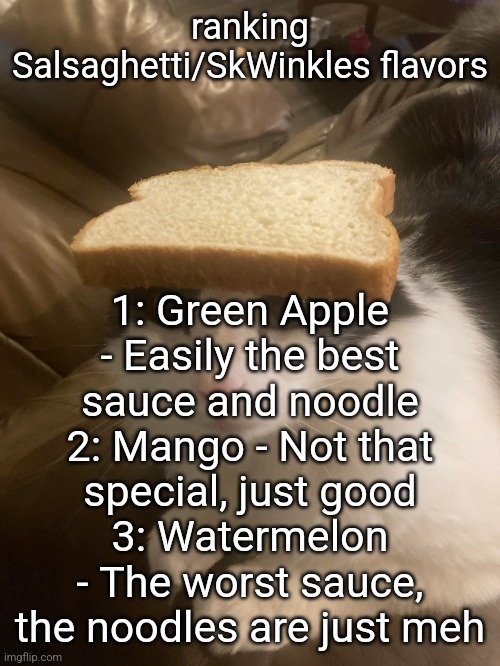 even the bad flavors still slap | ranking Salsaghetti/SkWinkles flavors; 1: Green Apple - Easily the best sauce and noodle
2: Mango - Not that special, just good
3: Watermelon - The worst sauce, the noodles are just meh | image tagged in bread cat | made w/ Imgflip meme maker
