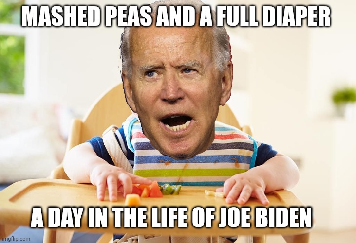 Joe biden | MASHED PEAS AND A FULL DIAPER; A DAY IN THE LIFE OF JOE BIDEN | image tagged in joe biden | made w/ Imgflip meme maker