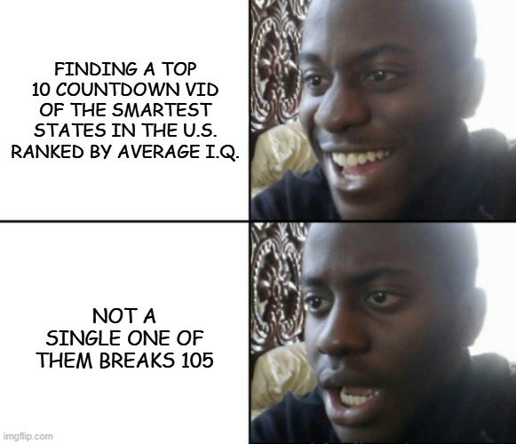 Oof. | FINDING A TOP 10 COUNTDOWN VID OF THE SMARTEST STATES IN THE U.S. RANKED BY AVERAGE I.Q. NOT A SINGLE ONE OF THEM BREAKS 105 | image tagged in happy / shock | made w/ Imgflip meme maker