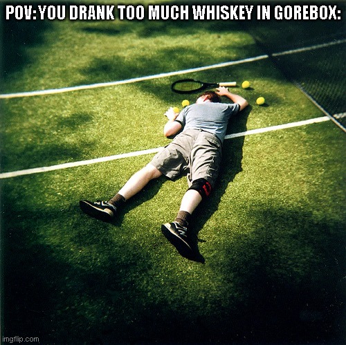 don't drink alcohol kids | POV: YOU DRANK TOO MUCH WHISKEY IN GOREBOX: | image tagged in memes,tennis defeat | made w/ Imgflip meme maker