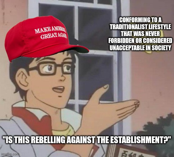 Conservativism is not any sort of "counterculture" | CONFORMING TO A TRADITIONALIST LIFESTYLE THAT WAS NEVER FORBIDDEN OR CONSIDERED UNACCEPTABLE IN SOCIETY; "IS THIS REBELLING AGAINST THE ESTABLISHMENT?" | image tagged in memes,is this a pigeon,conservative logic | made w/ Imgflip meme maker