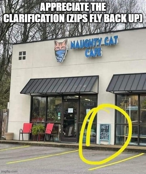 Not a Strip Club Huh | APPRECIATE THE CLARIFICATION (ZIPS FLY BACK UP) | image tagged in adult humor | made w/ Imgflip meme maker