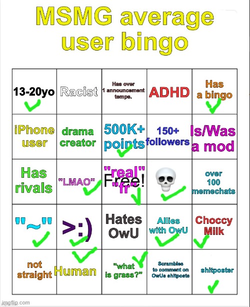 thanks 4 da bingo temp OwU- | image tagged in msmg average user bingo by owu- | made w/ Imgflip meme maker