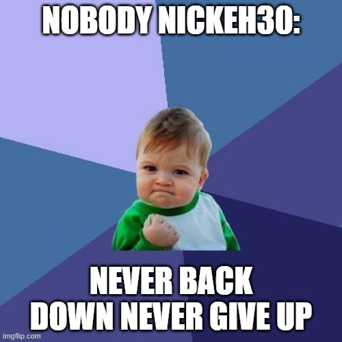 Success Kid | NOBODY NICKEH30:; NEVER BACK DOWN NEVER GIVE UP | image tagged in memes,success kid | made w/ Imgflip meme maker