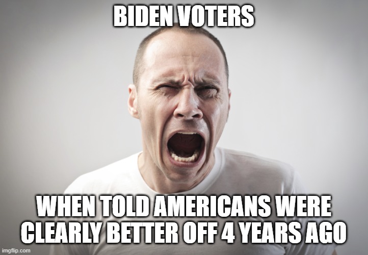 Angry Man | BIDEN VOTERS; WHEN TOLD AMERICANS WERE CLEARLY BETTER OFF 4 YEARS AGO | image tagged in angry man | made w/ Imgflip meme maker