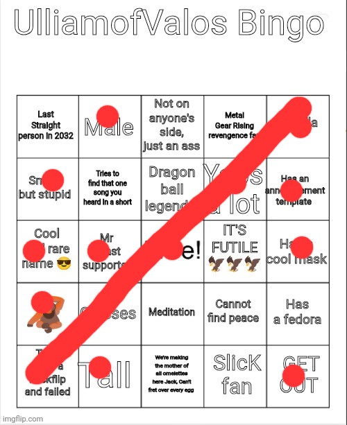 Bingo. | image tagged in ulliamofvalos bingo | made w/ Imgflip meme maker