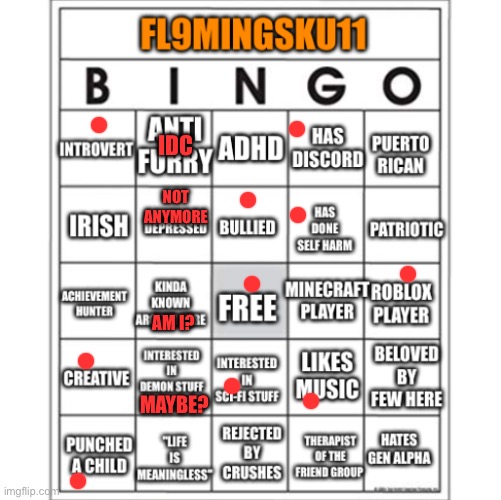 Fl9mingSku11 Bingo | IDC; NOT ANYMORE; AM I? MAYBE? | image tagged in fl9mingsku11 bingo | made w/ Imgflip meme maker