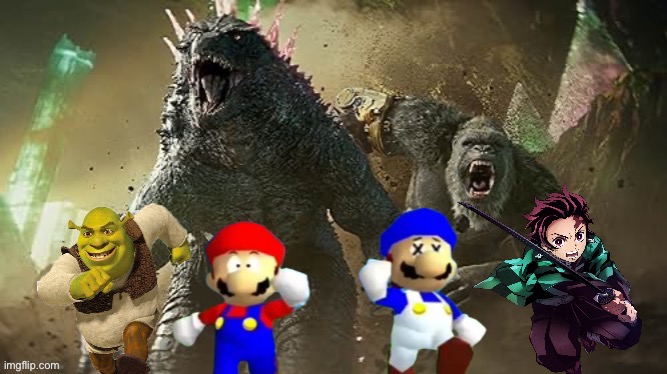 Godzilla, Kong, Shrek, Tanjiro, Mario, and SMG4 charging together. | image tagged in godzilla,king kong,shrek,tanjiro,smg4,mario | made w/ Imgflip meme maker
