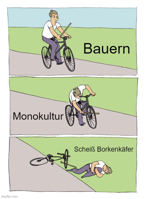 Bike Fall Meme | Bauern; Monokultur; Scheiß Borkenkäfer | image tagged in memes,bike fall | made w/ Imgflip meme maker